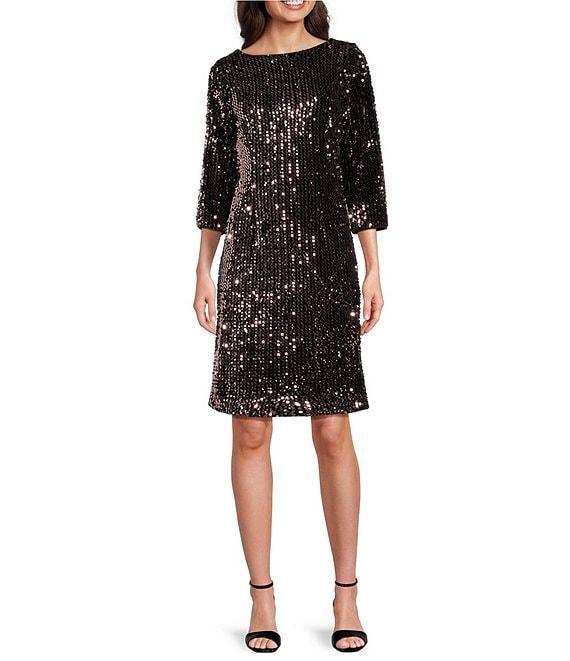 Ignite Evenings Sequin Velvet Crew Neck 3/4 Sleeve Sheath Dress Product Image
