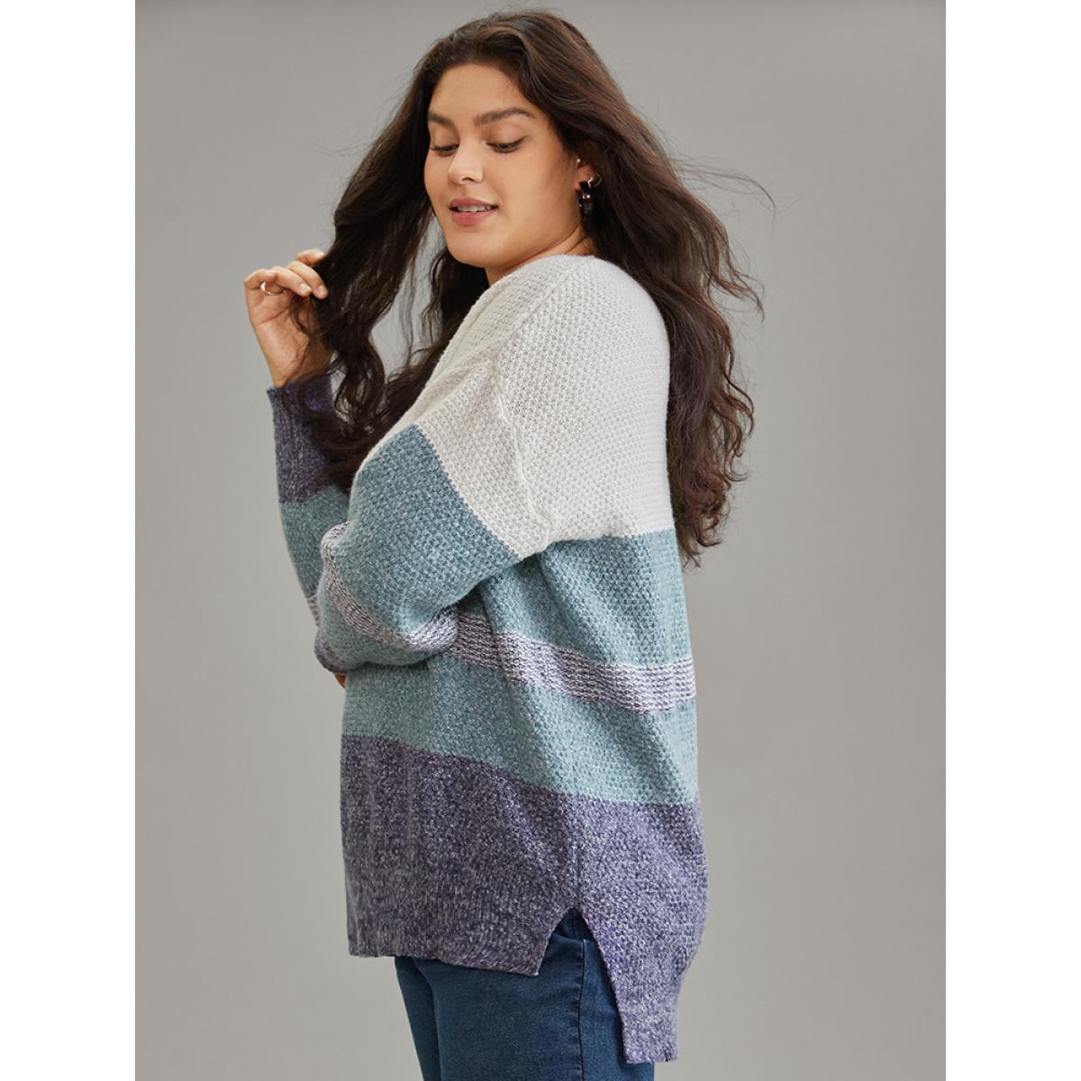 Plus Size Colorblock Heather Split Side High Low Hem Pullover Cerulean Women Casual Loose Long Sleeve V-neck Dailywear Pullovers BloomChic 30/6X Product Image