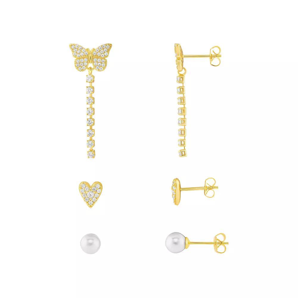 Brilliance 18k Gold Flash Plated Simulated White Glass Pearl Cubic Zirconia Stud and Drop Earrings Set, Women's, Yellow Gold Tone Clear Product Image