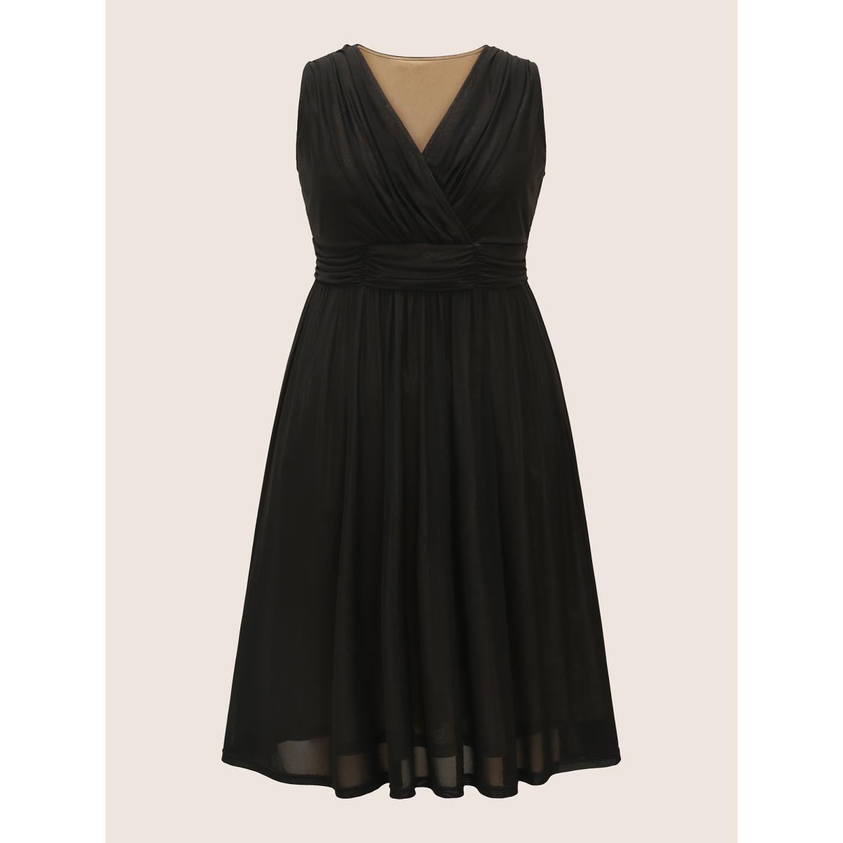 Plus Size Solid Mesh Ruched Midi Tank Dress Black Women Cocktail V-neck Sleeveless Curvy BloomChic 28/5X Product Image