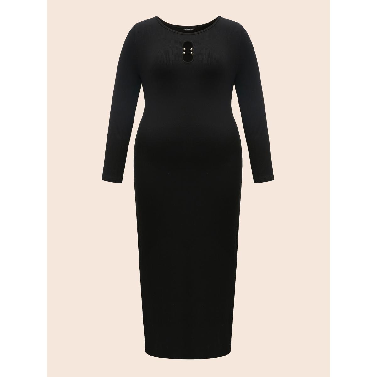 Plus Size Metal Detail Keyhole Split Hem Dress Black Women Elegant Texture Boat Neck Long Sleeve Curvy BloomChic 30/6X Product Image