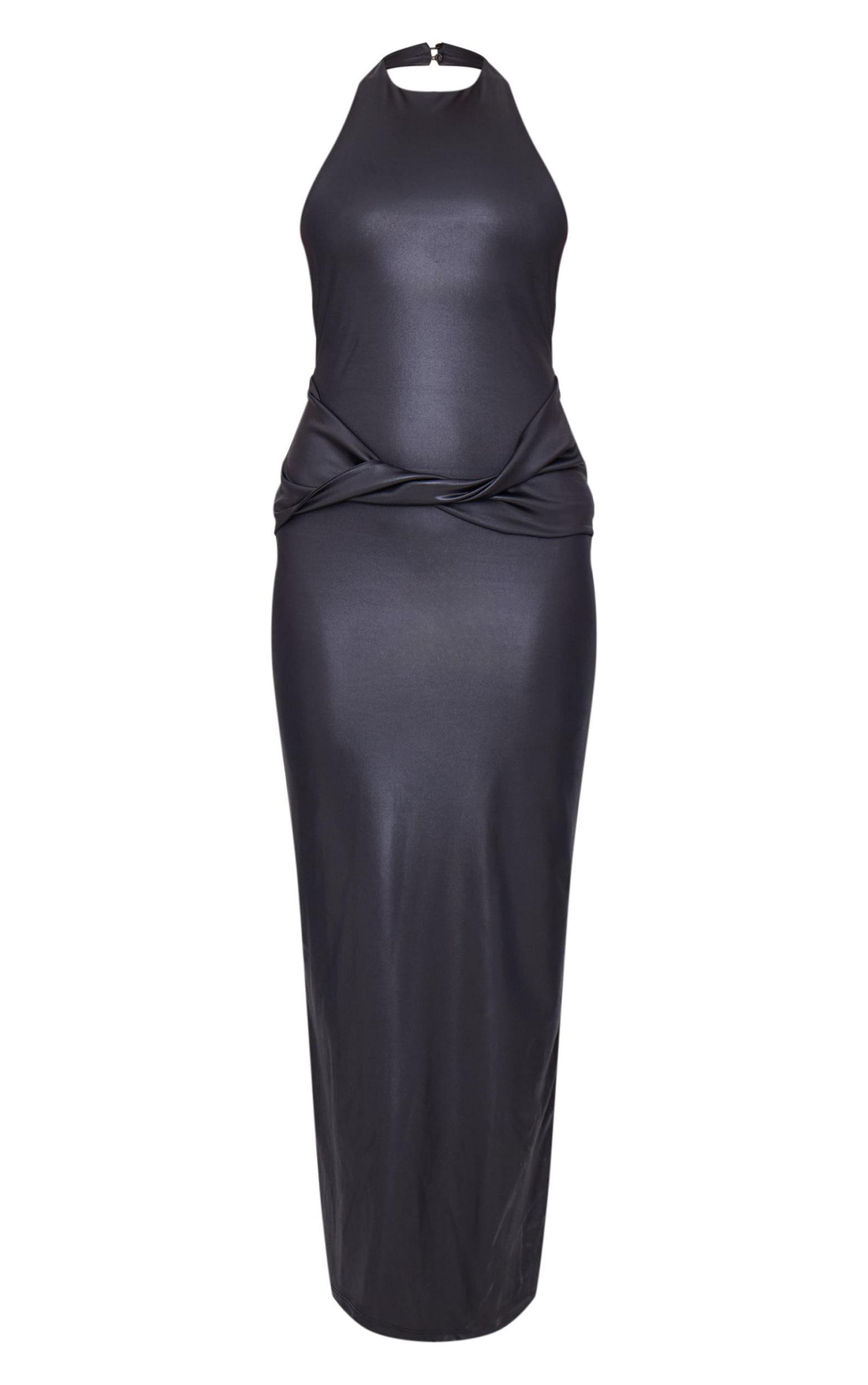 Black Foil Halterneck Maxi Dress Product Image