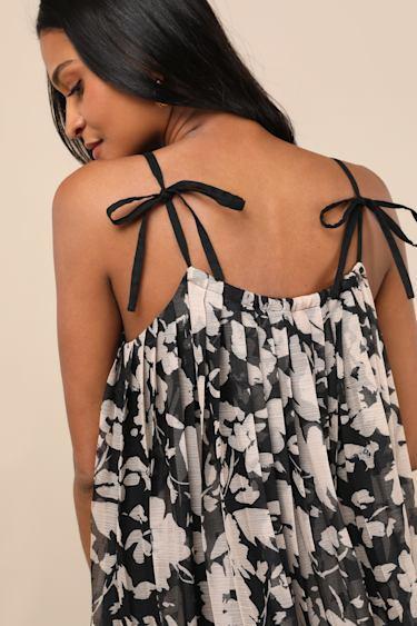 Fiorella Black Floral Pleated Shift Midi Dress Product Image