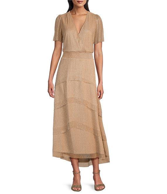 Le Bos Surplice Neck Short Sleeve Tiered Metallic Dress Product Image