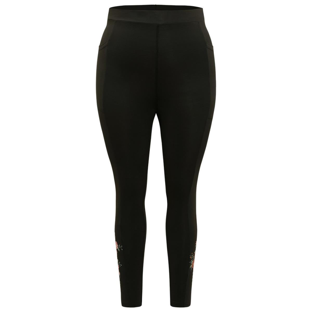 Plus Size Plain Pocket Wideband Waist Floral Print Leggings Women Black Elegant High stretch Skinny High Rise Dailywear Leggings BloomChic 22-24/3X Product Image