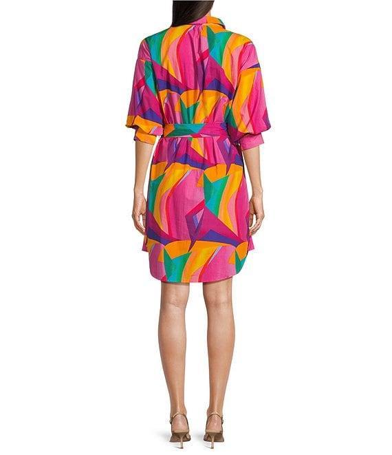 APNY Abstract Print Spread Collar 3/4 Puff Sleeve Self Belt Shirt Dress Product Image