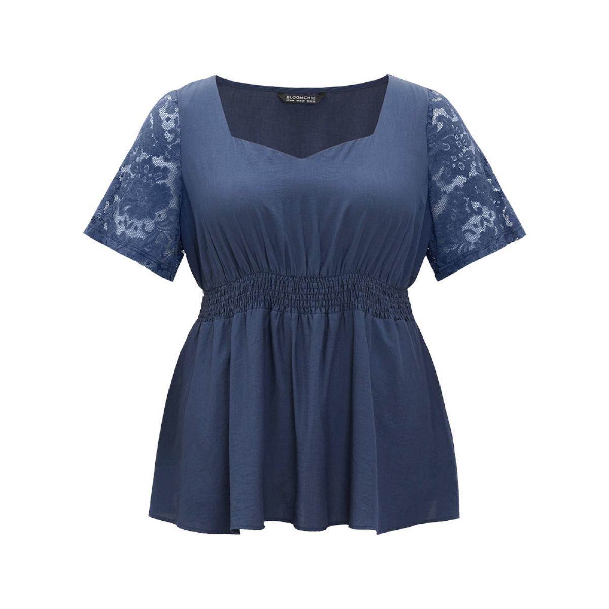 Plus Size Indigo Supersoft Essentials Crochet Lace Mesh Shirred Ruffle Hem Gathered Blouse Women Elegant Short sleeve Square Neck Dailywear Blouses BloomChic 10/M Product Image