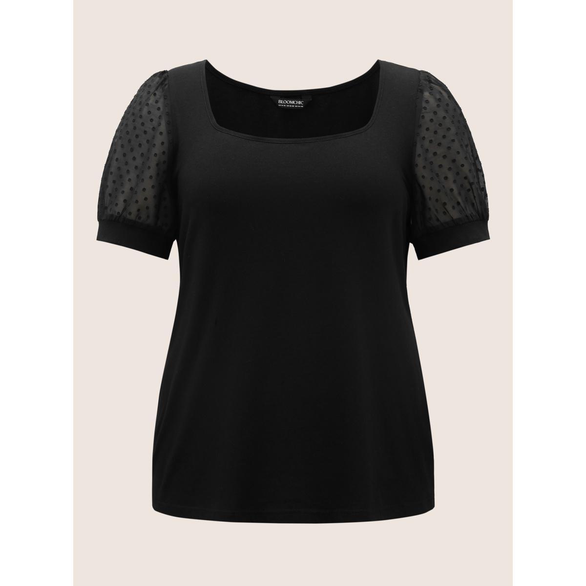 Plus Size Jacquard Decor Cotton Top Black Women Elegant See through Square Neck Everyday T-shirts BloomChic 30/6X Product Image