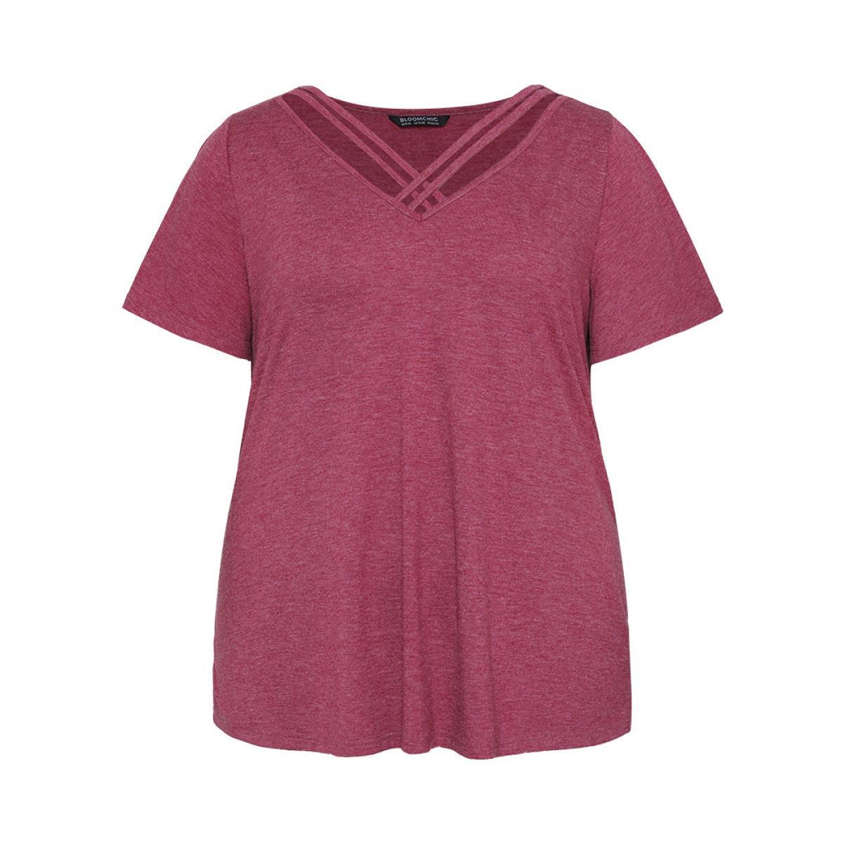 Plus Size Plain Ruffle Sleeve Heather Crisscross Neck T-shirt RedViolet Women Casual Heather Plain V-neck Dailywear T-shirts BloomChic 30/6X Product Image