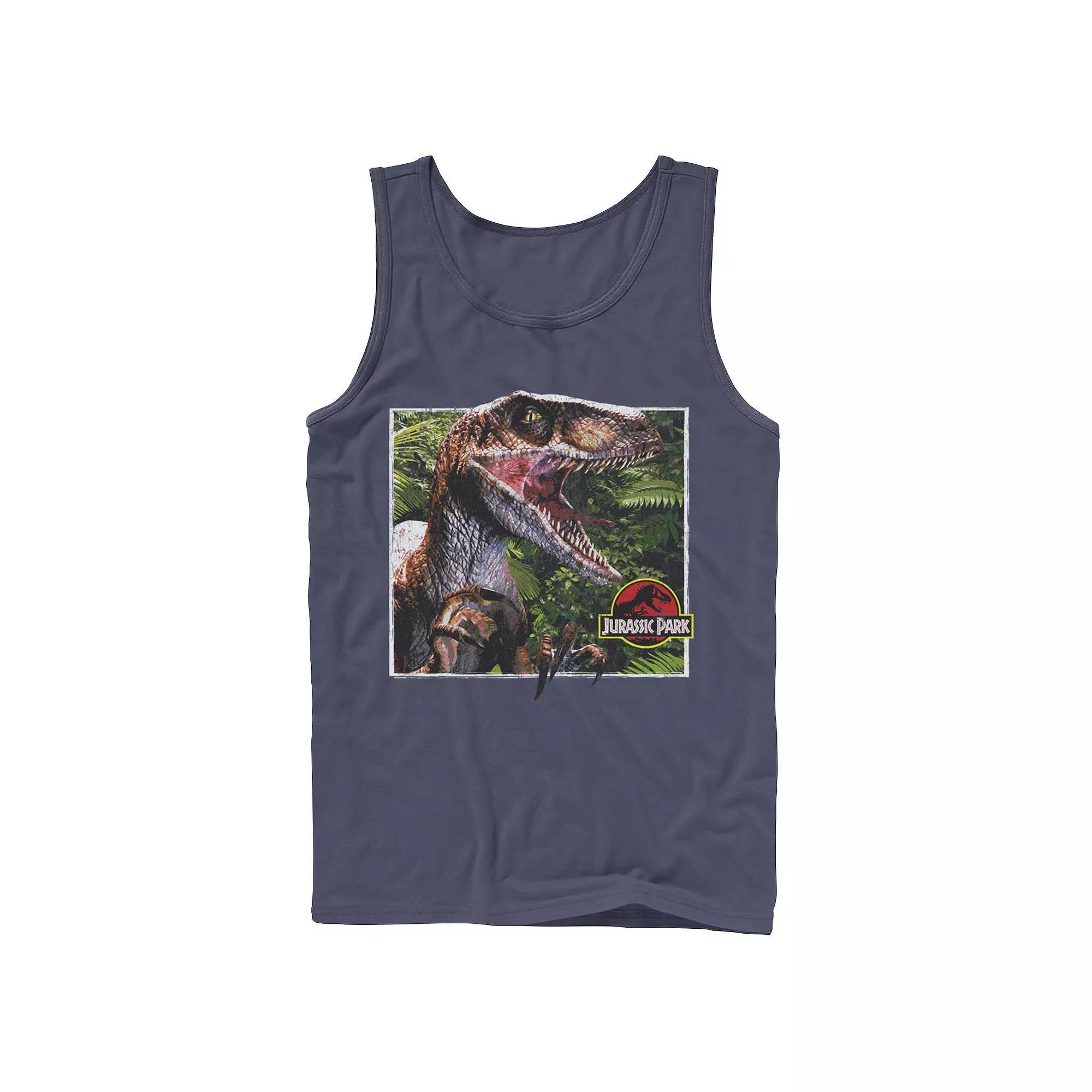 Men's Jurassic Park Raptor Coming Out Of Forest Tank Top, Size: Small, Blue Product Image