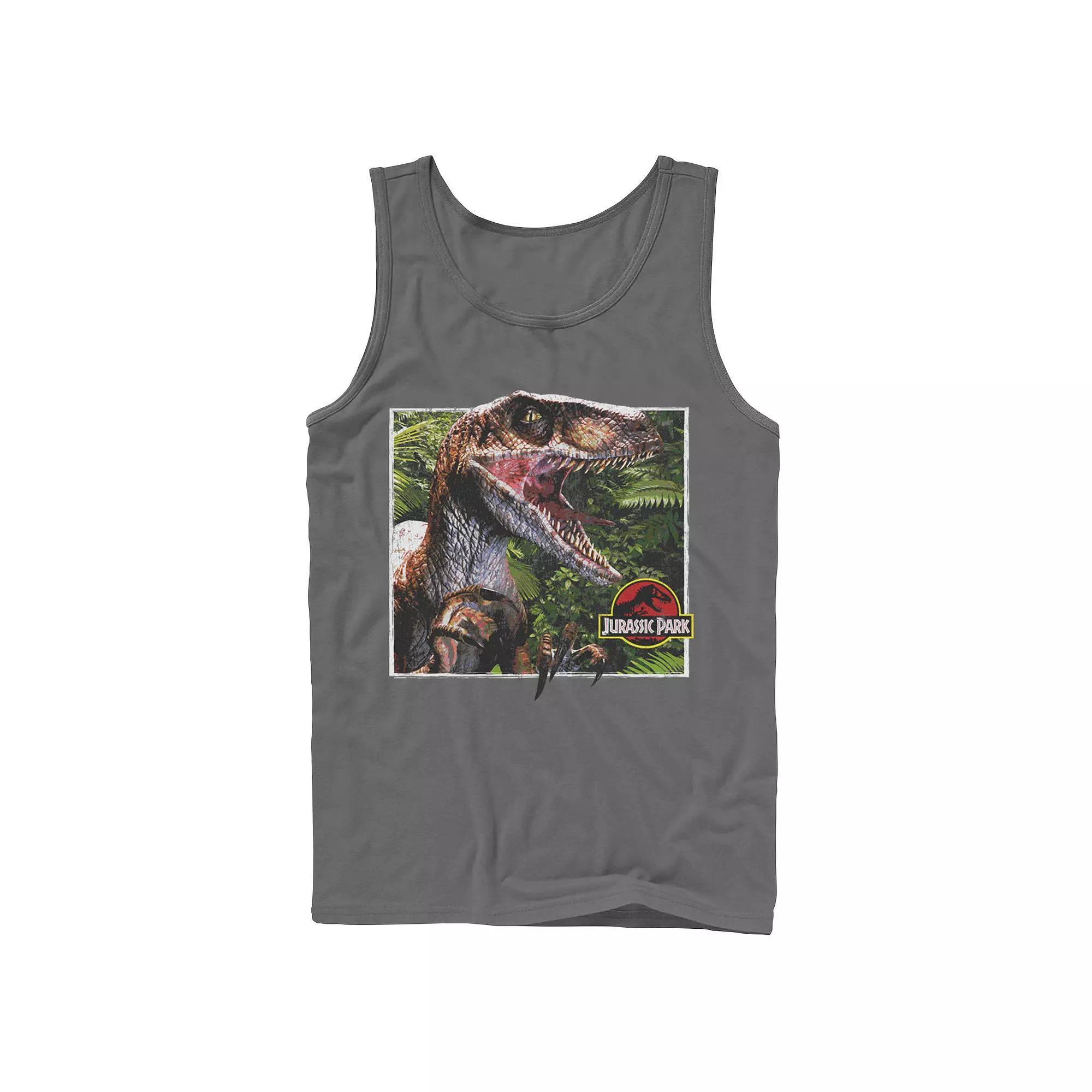 Men's Jurassic Park Raptor Coming Out Of Forest Tank Top, Size: Small, Blue Product Image
