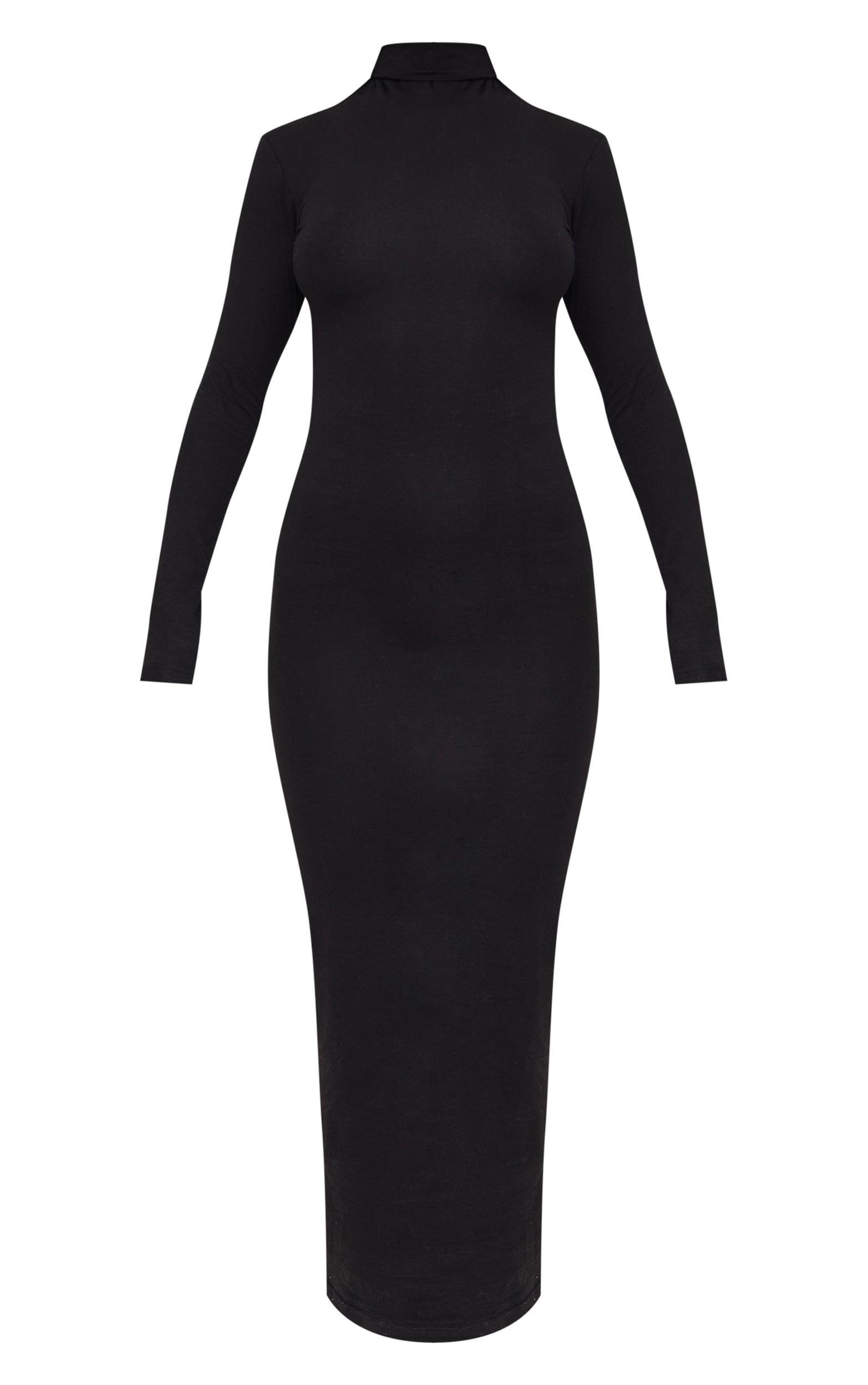 Black Cotton Long Sleeve High Neck Midaxi Dress Product Image