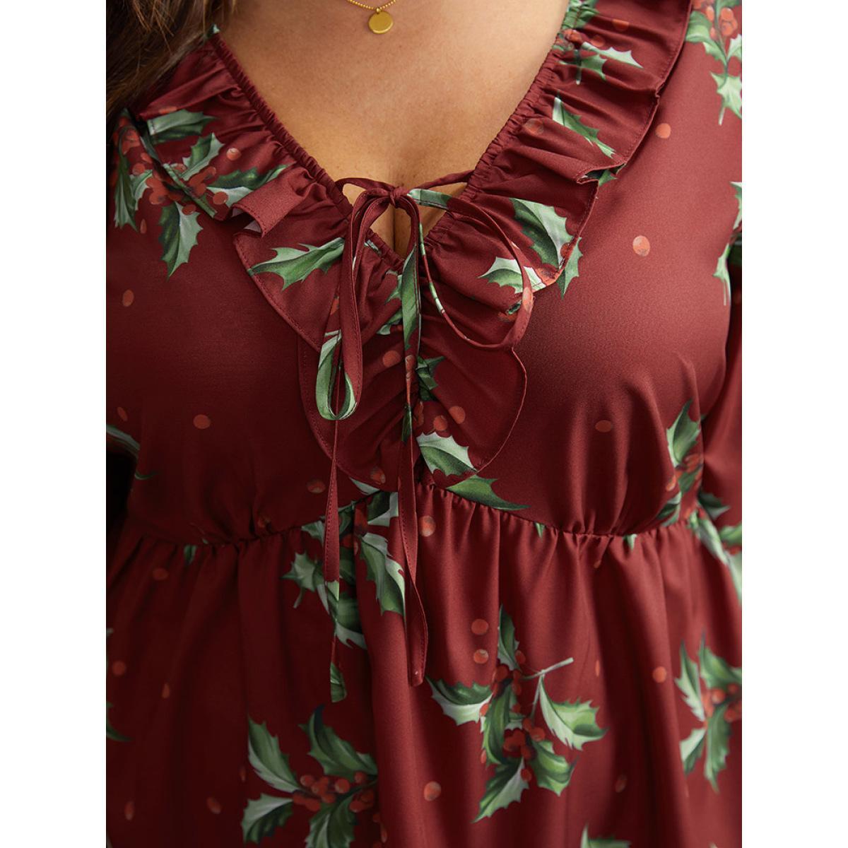 Plus Size Scarlet Plants Print Knot Neck Flutter Trim Blouse Women Elegant Long Sleeve V-neck Festival-Christmas Blouses BloomChic 10/M Product Image