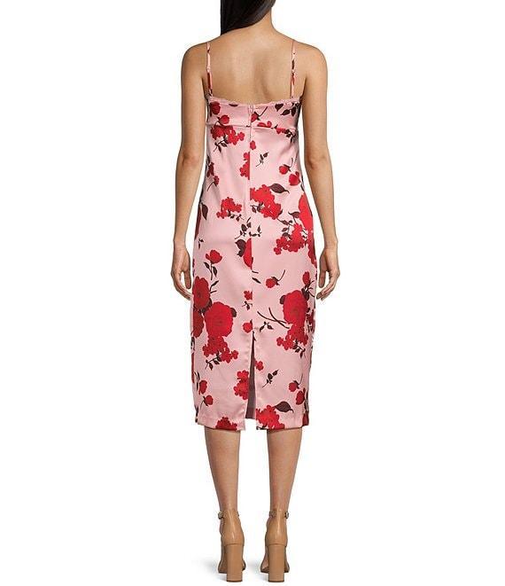 B. Darlin Floral Satin Spaghetti Strap Sweetheart-Neck Fitted Midi Dress Product Image