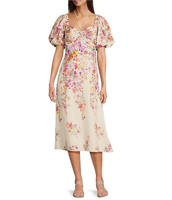 Alex Marie Monroe Pink Floral Short Puff Sleeve Sweetheart Halter Tie Neck A-Line Midi Dress Product Image