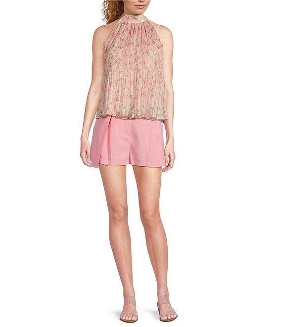 En Saison Josette Floral Printed Plisse Mock Neck Sleeveless Swing Top Product Image