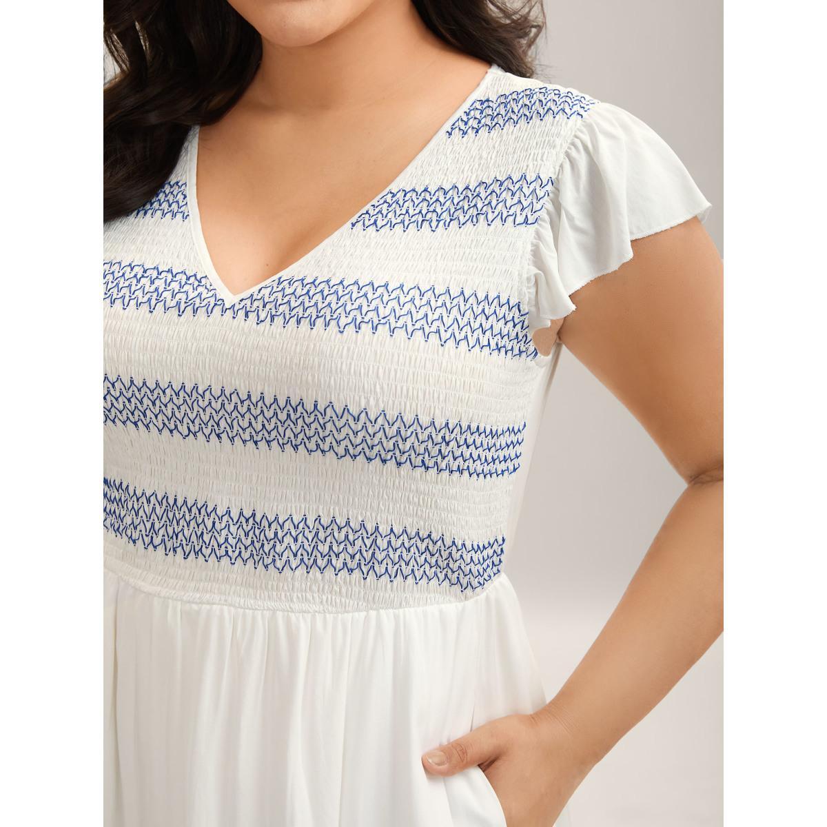 Plus Size Rayon Shirred Color Contrast Floral Midi Dress WhiteSmoke Women V-neck Cap Sleeve Curvy BloomChic 28/5X Product Image