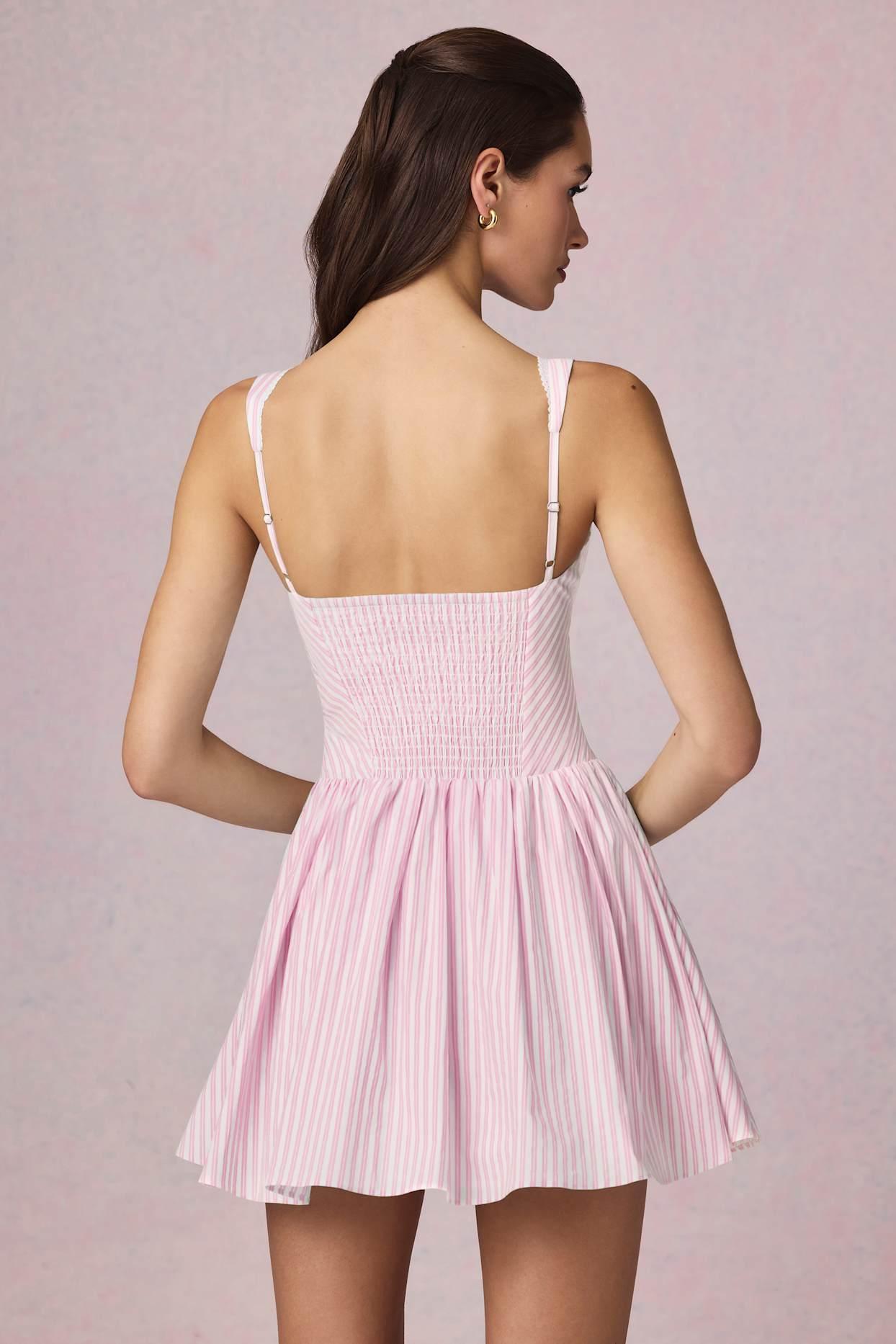 Bow-Detail A-Line Mini Dress in Soft Mauve Stripe Product Image