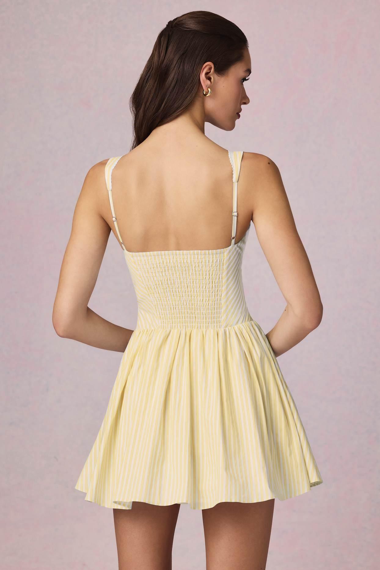 Bow-Detail A-Line Mini Dress in Lemon Yellow Stripe Product Image