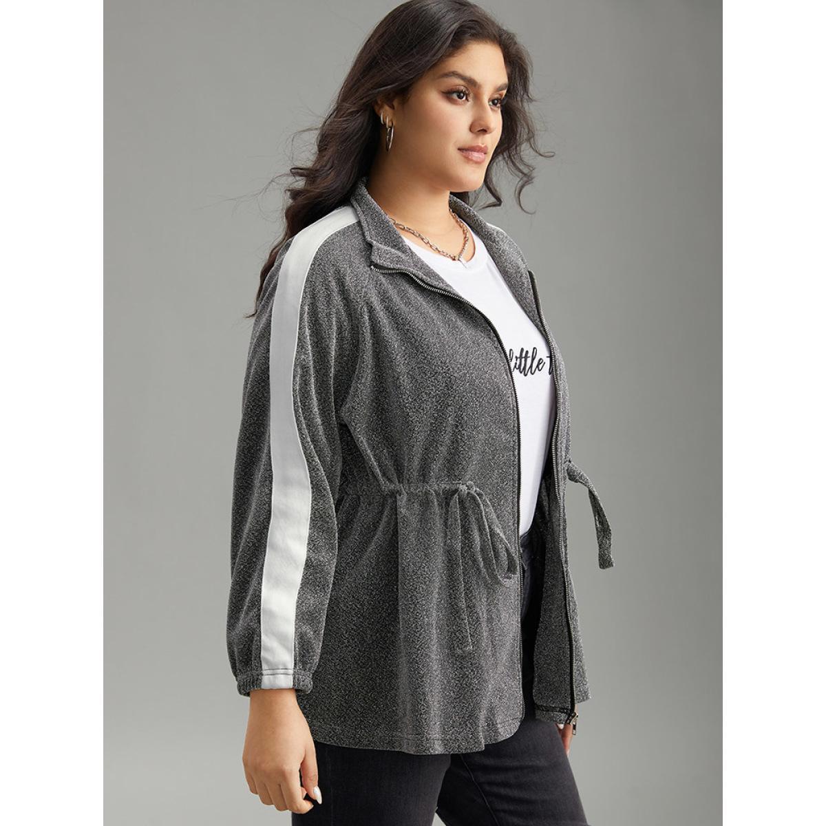 Plus Size Patchwork Contrast Trim Drawstring Zipper Jacket Women DimGray Contrast Dailywear Jackets BloomChic 28/5X Product Image
