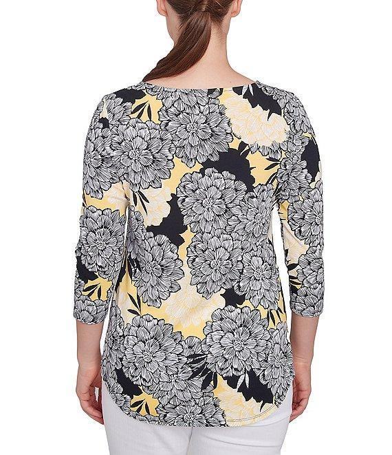 Ruby Rd. Abstract Floral Dahlia Knit Crew Neck 3/4 Sleeve Top Product Image