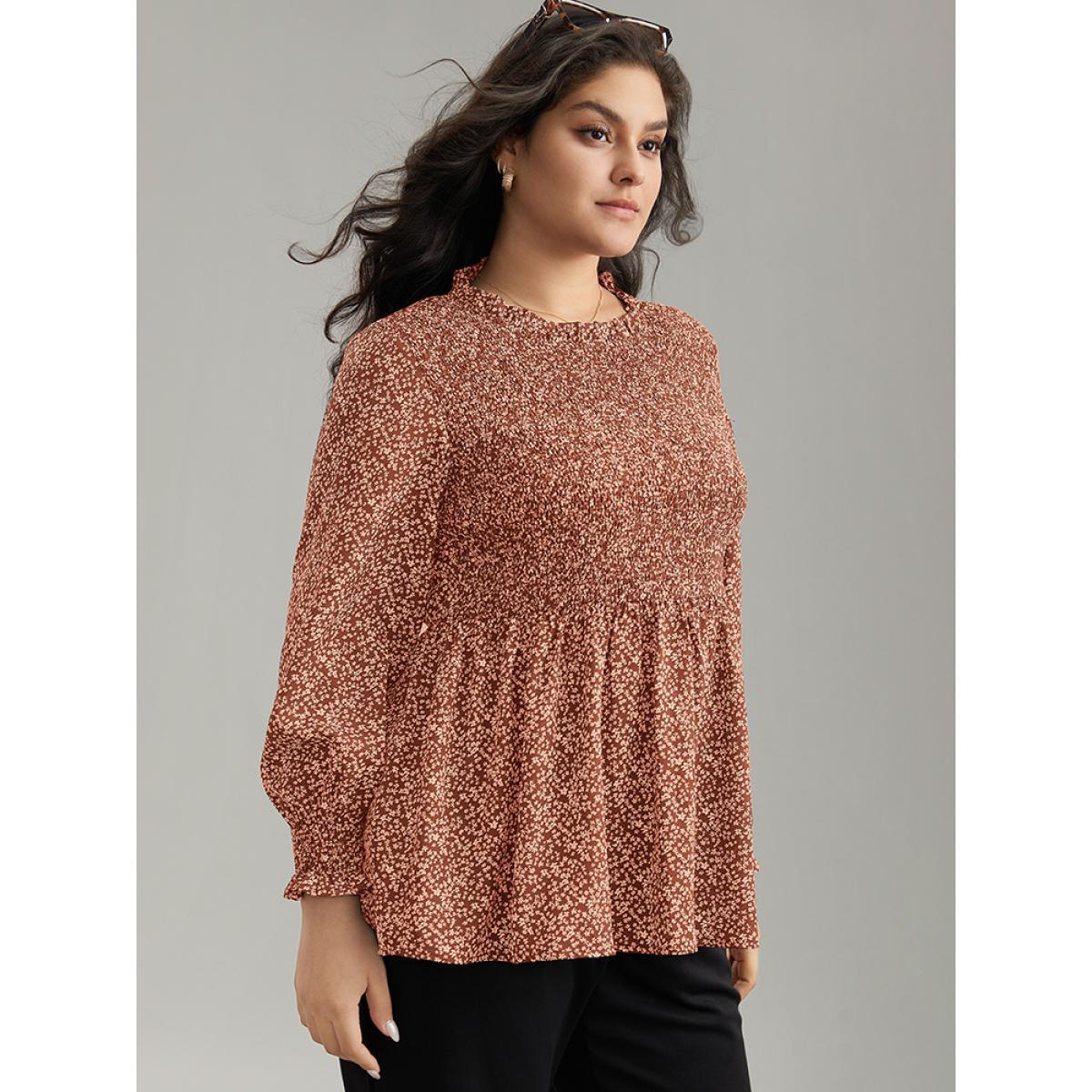 Plus Size Rust Ditsy Floral Stand Collar Shirred Frill Trim Blouse Women Elegant Long Sleeve Stand-up collar Dailywear Blouses BloomChic 30/6X Product Image