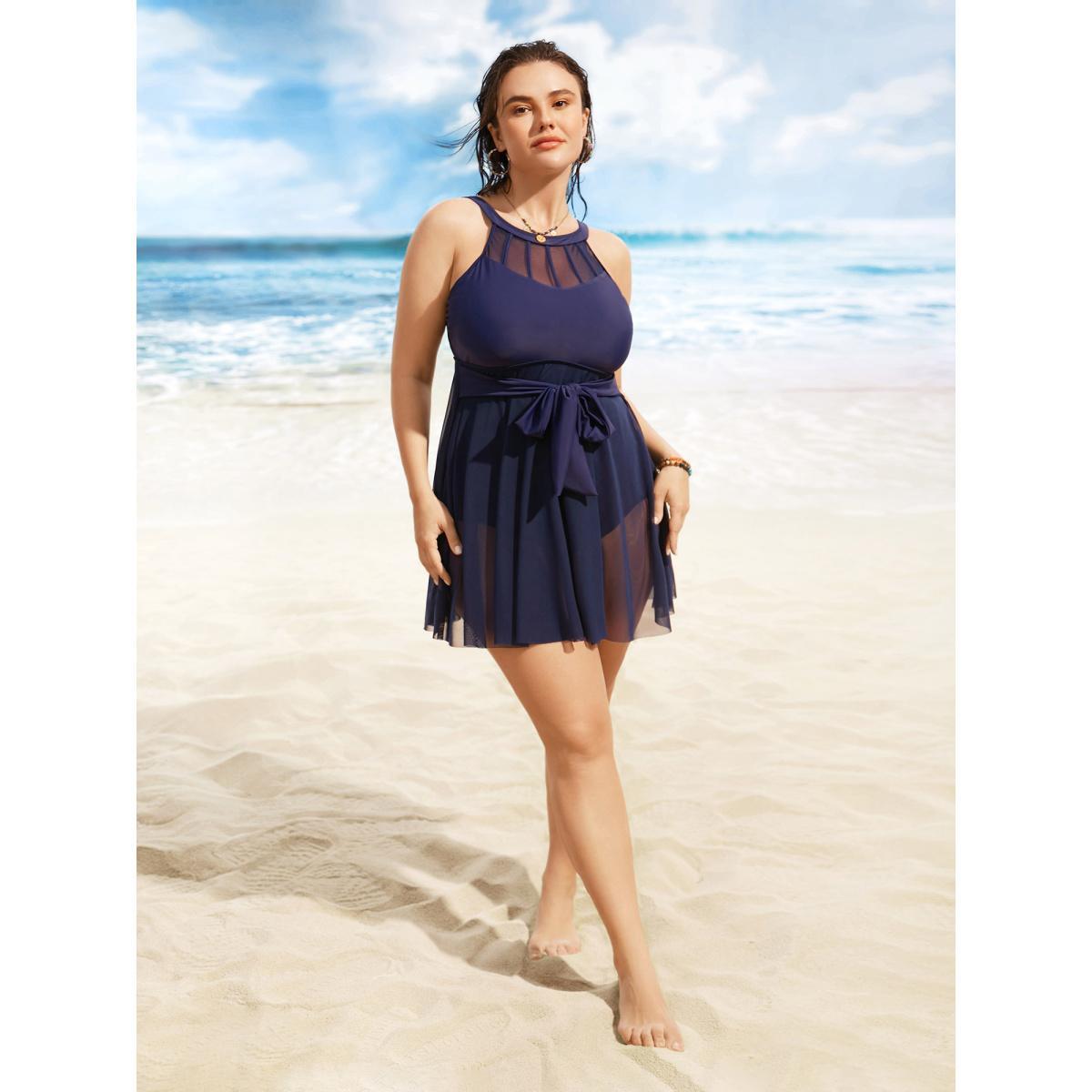 Plus Size Halter Neck Ties Mesh Patchwork Swim Dress Women's Swimwear Indigo Beach Bodycon Halter neck High stretch Curve Swim Dresses BloomChic 18-20/2X Product Image