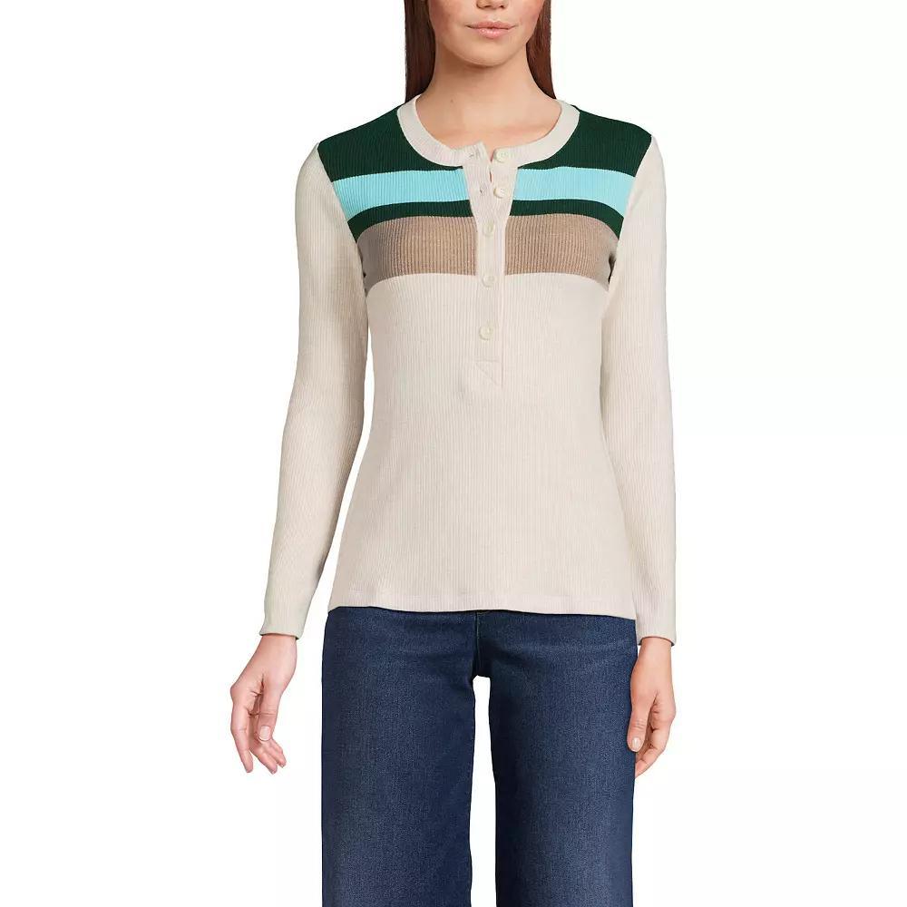 Womens Lands End Long Sleeve Cozy Rib Henley Top Deep Green Stripe Product Image