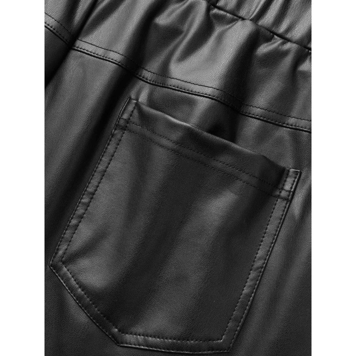 Plus Size PU Leather Button Detail Mid Rise Pants Women Black Casual Skinny Mid Rise Everyday Pants BloomChic 28/5X Product Image