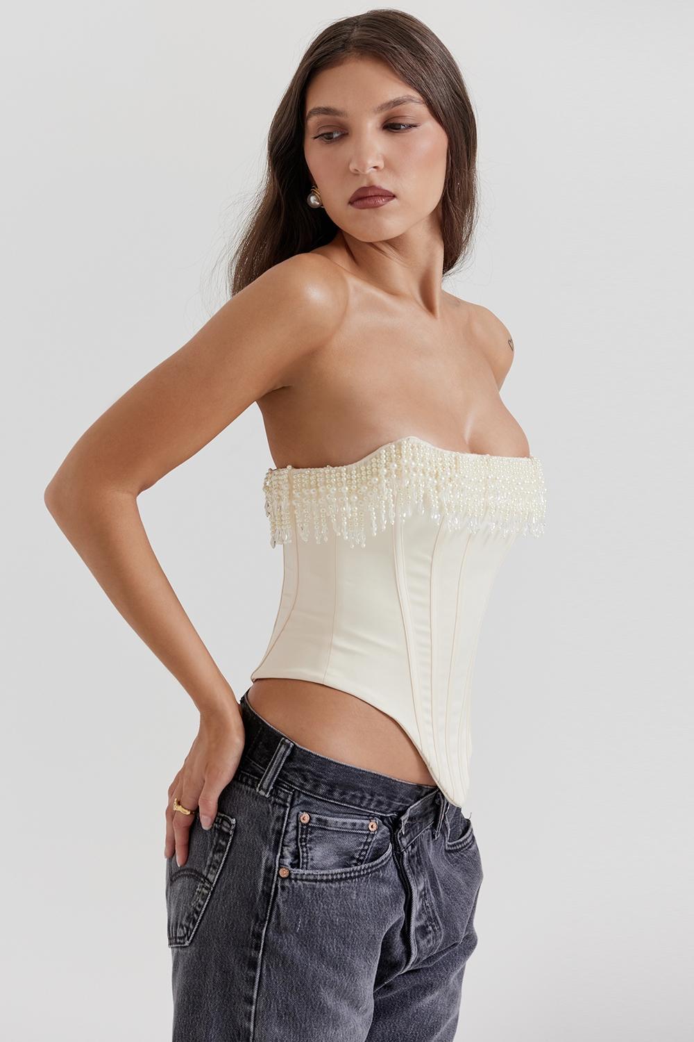 Aubrie Vintage Cream Embellished Satin Corset Product Image
