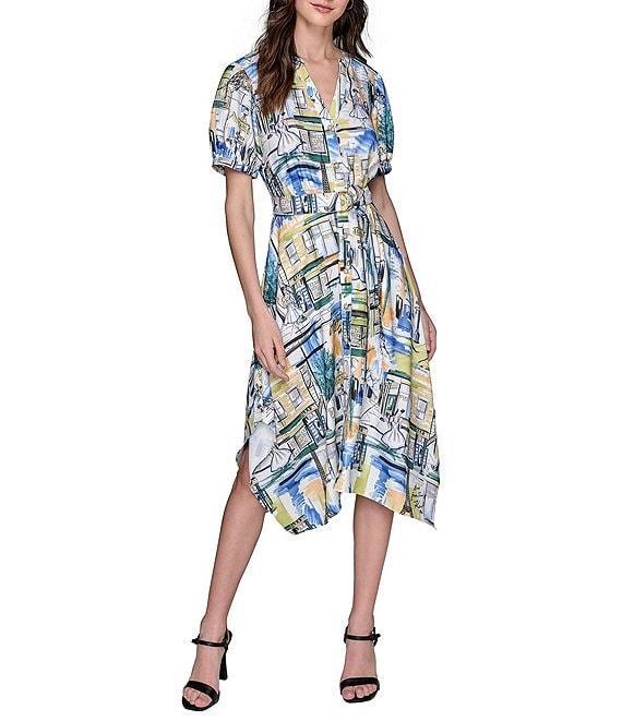 KARL LAGERFELD PARIS Handkerchief Hem Split V-Neckline Short Sleeve Button Front Shirt Midi Dress Product Image
