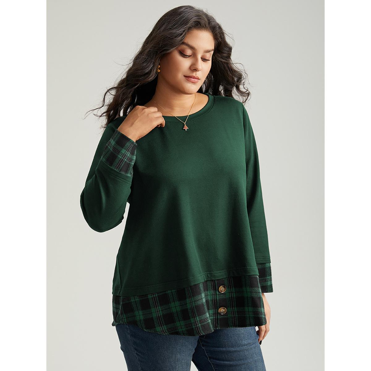 Plus Size Plaid Patchwork Button Detail Curved Hem Sweatshirt Women Green Casual Contrast Round Neck Festival-Christmas Sweatshirts BloomChic 12/L Product Image