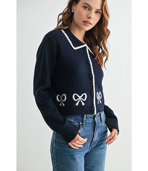 All in Favor Collared Bow Print Long Sleeve Cardigan Product Image