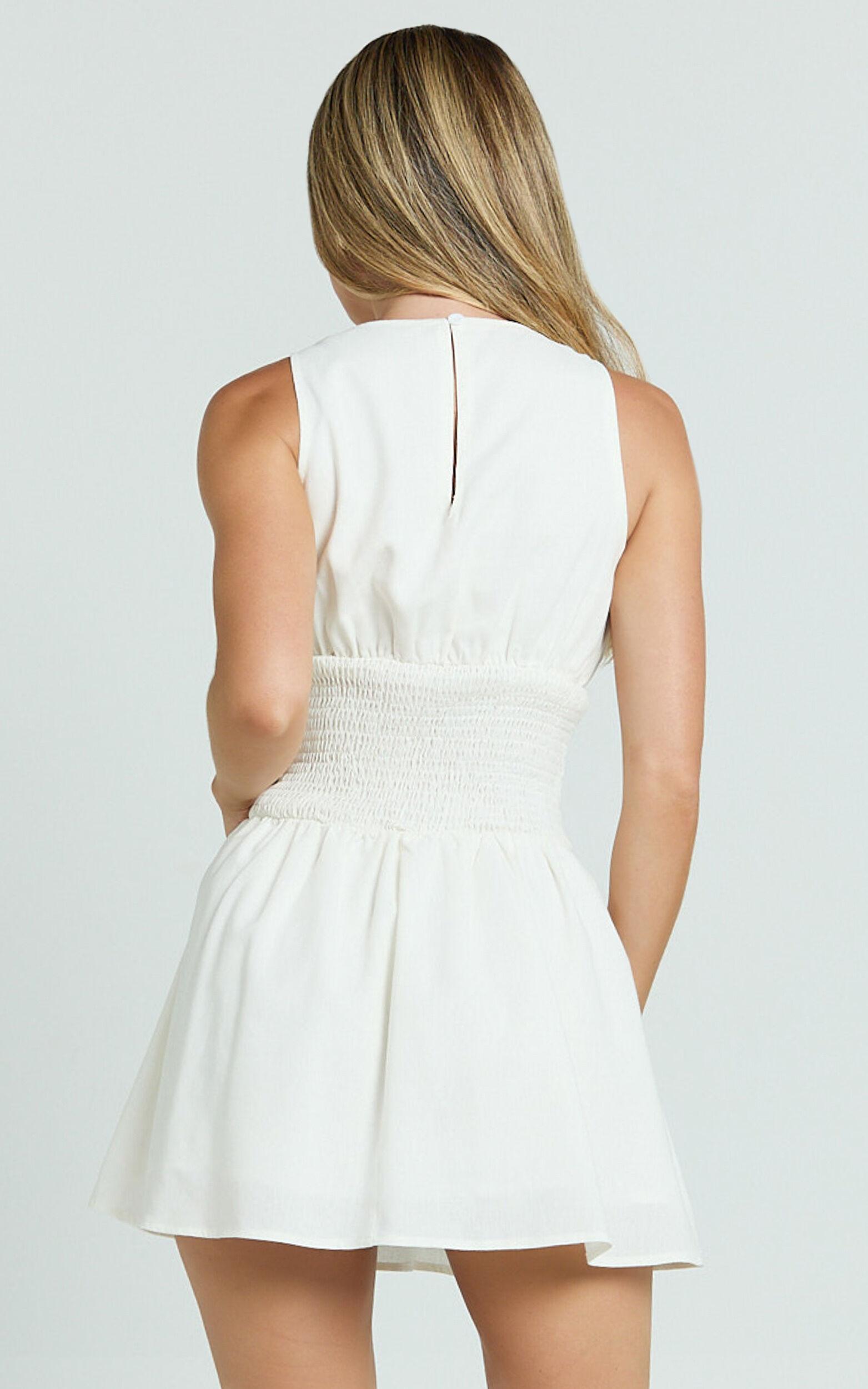 Fhelley Mini Dress - Shirred Waist Dress in White Product Image