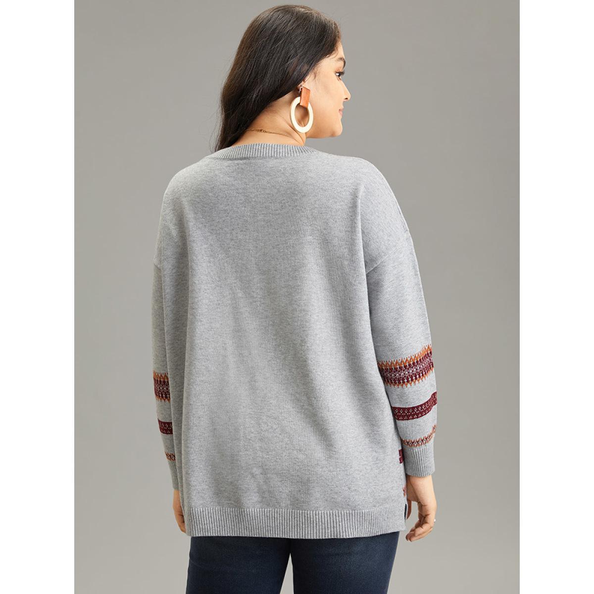 Plus Size Supersoft Essentials Anti-Pilling Bandana Striped Pullover Silver Women Casual Loose Long Sleeve Round Neck Dailywear Pullovers BloomChic 14-16/1X Product Image