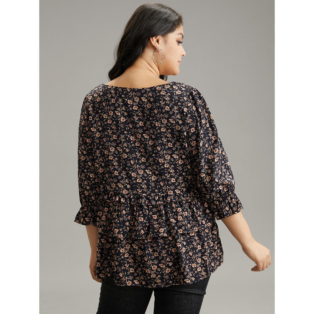 Plus Size Indigo Ditsy Floral Tiered Ruffles Gathered Blouse Women Elegant Elbow-length sleeve V-neck Dailywear Blouses BloomChic 26/4X Product Image