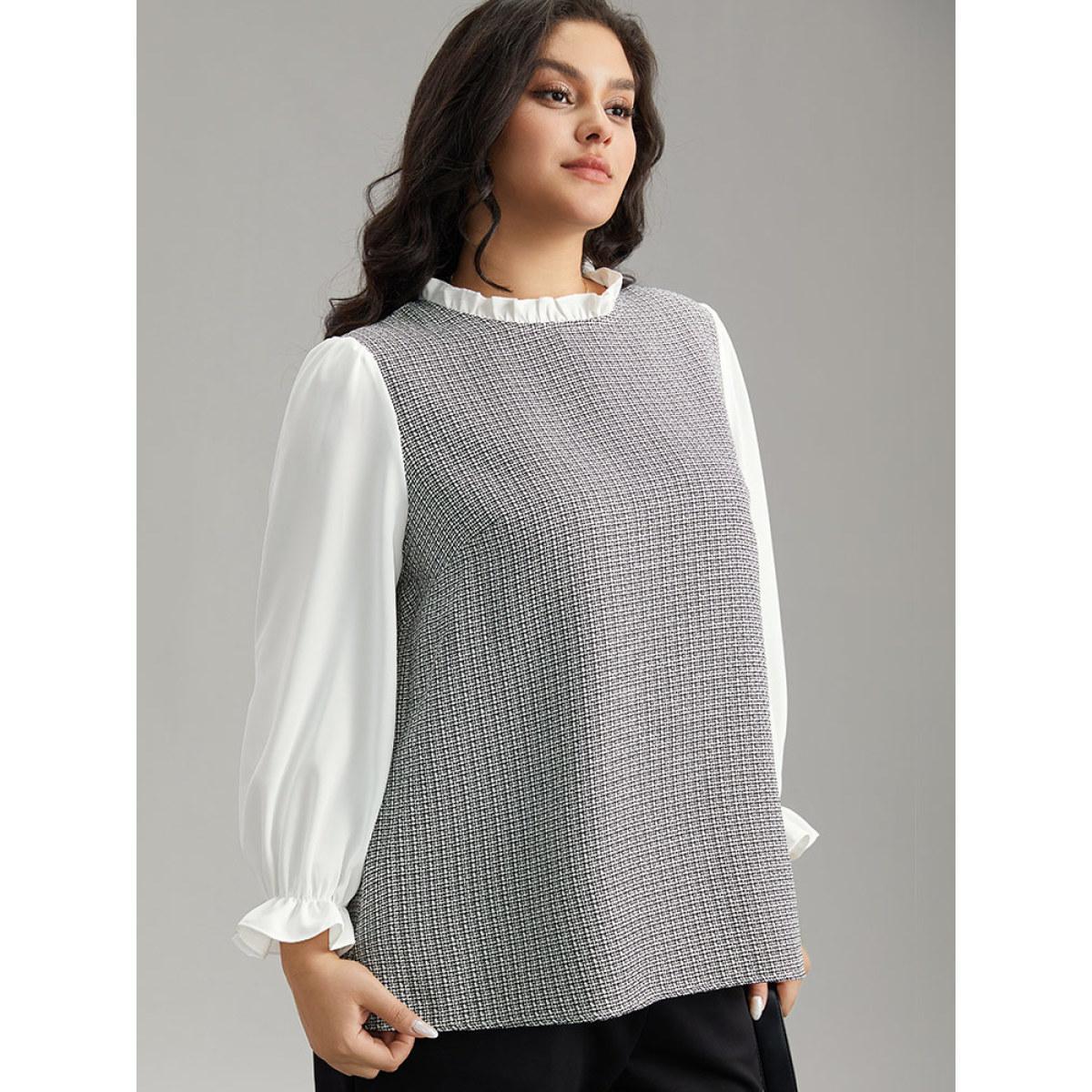 Plus Size White Gingham Ruffles Patchwork Frill Trim Blouse Women Office Long Sleeve Stand-up collar Work Blouses BloomChic 18-20/2X Product Image