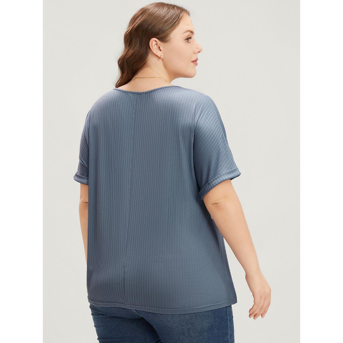 Plus Size Plain Round Neck Rib Knit Tee LightBlue Women Casual Plain Round Neck Dailywear T-shirts BloomChic 14-16/1X Product Image