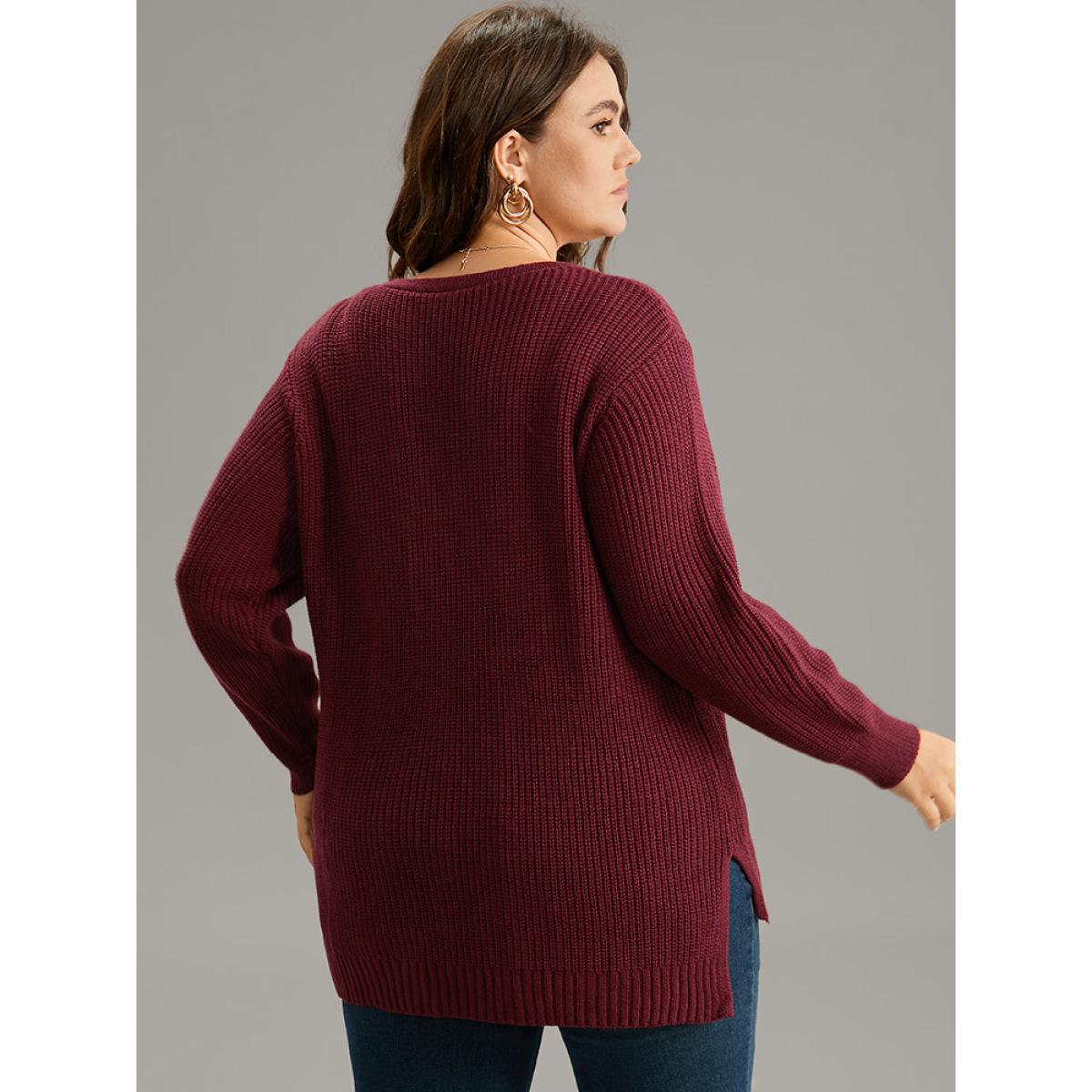 Plus Size High Low Hem Lace Up Split Side Pullover Scarlet Women Casual Loose Long Sleeve V-neck Dailywear Pullovers BloomChic 12/L Product Image