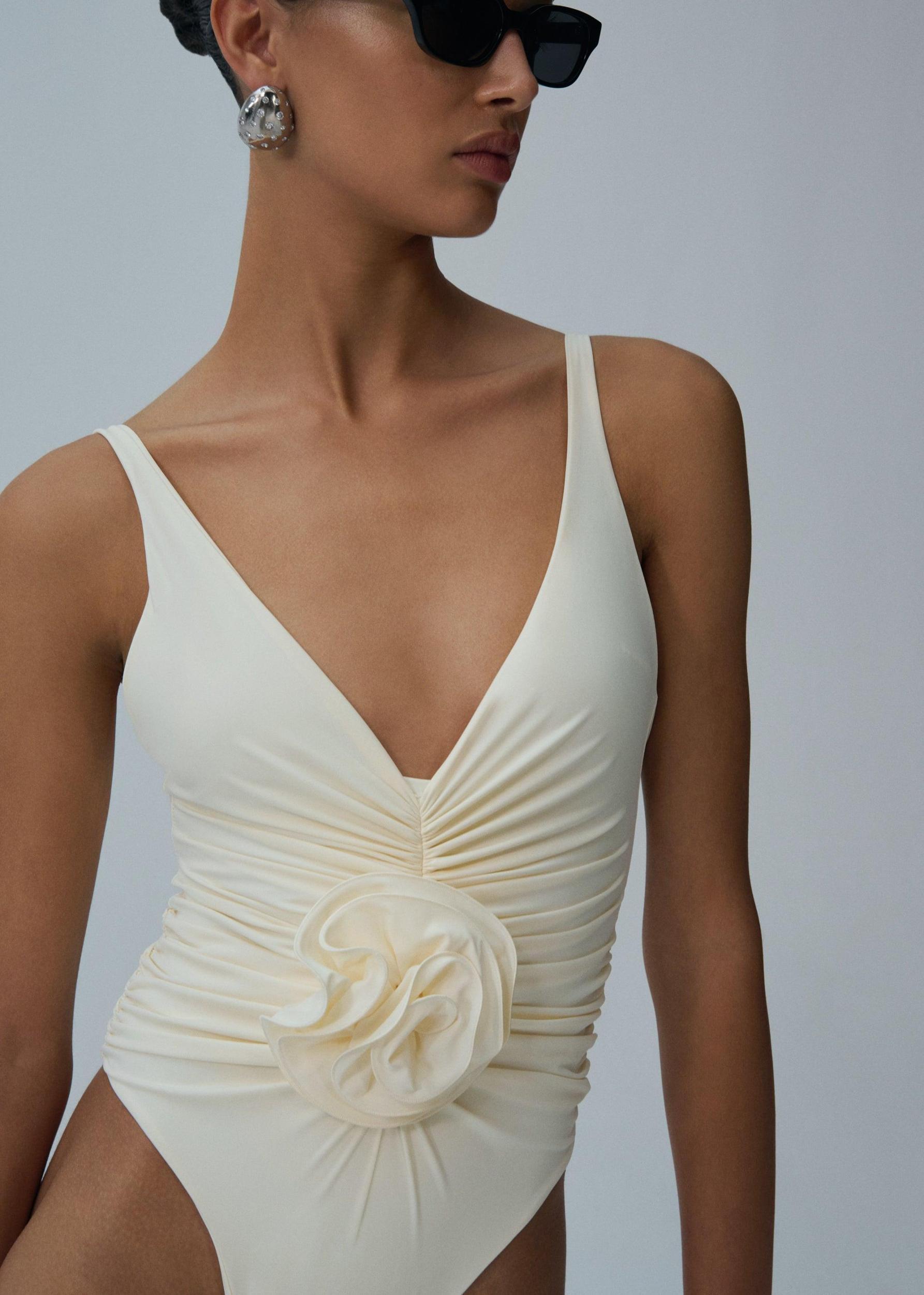 Ruched flower swimsuit in cream Product Image