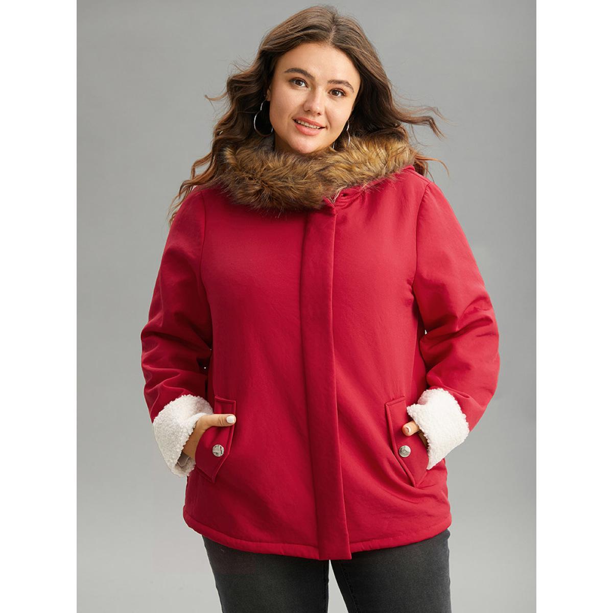 Plus Size Patchwork Fuzzy Trim Pocket Hooded Jacket Women Red Casual Contrast Ladies Party Winter Coats BloomChic 26/4X Product Image