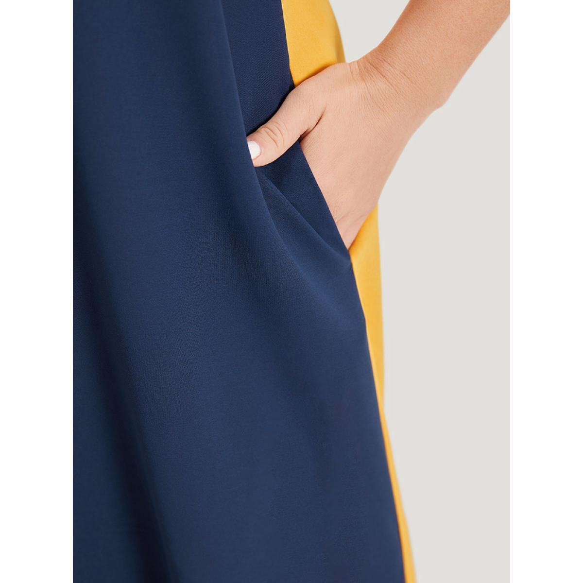 Plus Size Contrast Patchwork Pocket Ruffle Cap Sleeve Dress Multicolor Women Office Contrast Round Neck Cap Sleeve Curvy Knee Dress BloomChic 12/L Product Image