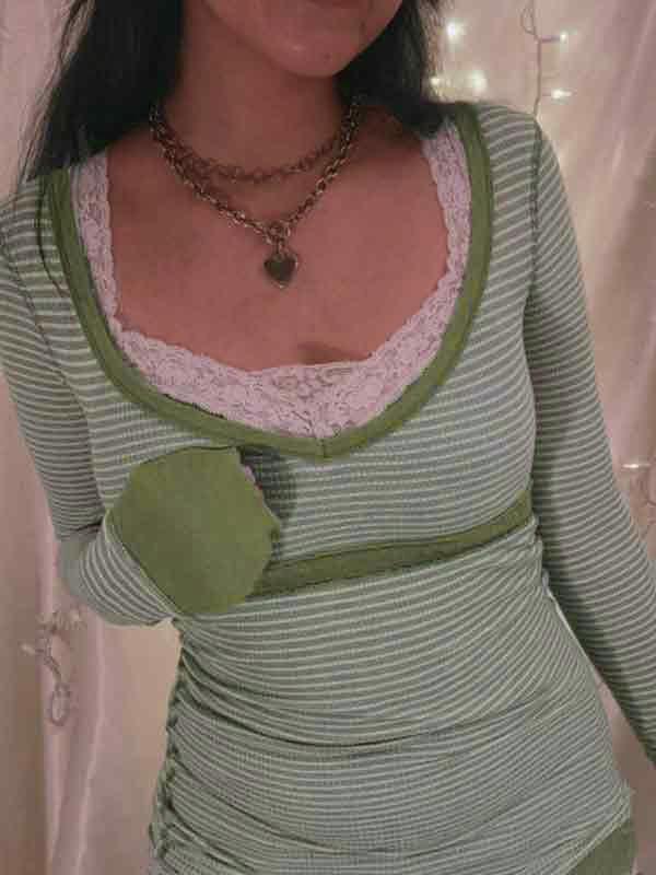 Stripe Patchwork U Neck Slim Long Sleeve Knit Product Image