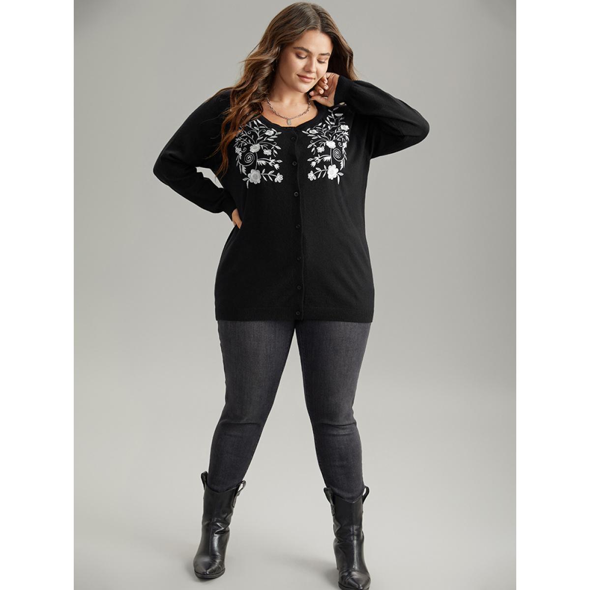 Plus Size Supersoft Essentials Anti-Pilling Silhouette Floral Print Cardigan Black Women Casual Loose Long Sleeve Dailywear Cardigans BloomChic 14-16/1X Product Image