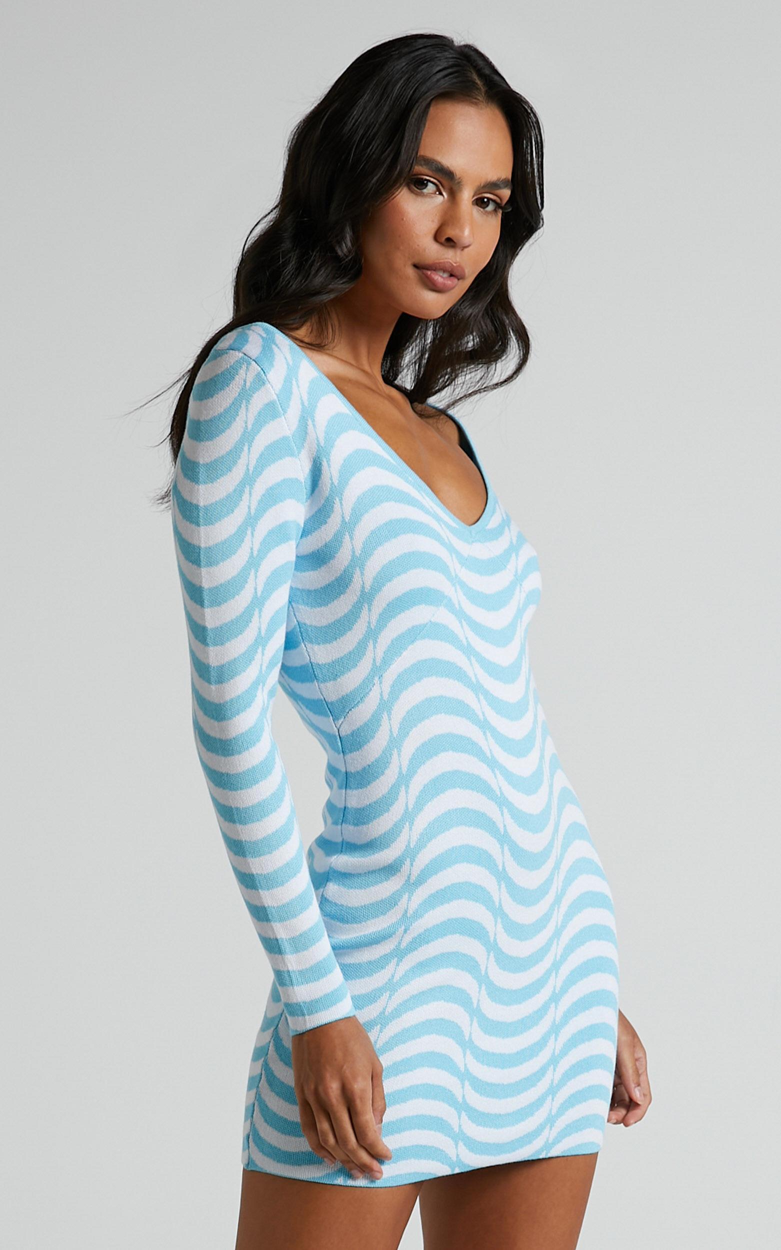 Lizia Mini Dress - Intarsia V Neck Long Sleeve Bodycon Dress in Wavy Stripe Product Image
