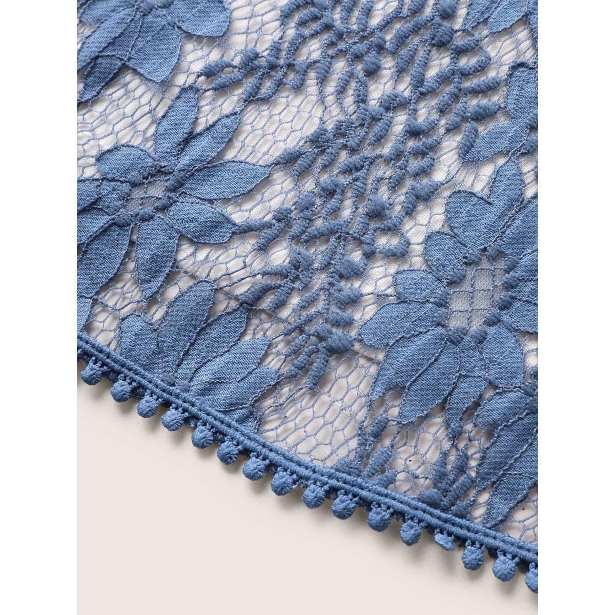 Plus Size DarkBlue Floral Crochet Lace Mesh Pompom Trim Blouse Women Elegant Short sleeve Overlap Collar Everyday Blouses BloomChic 22-24/3X Product Image