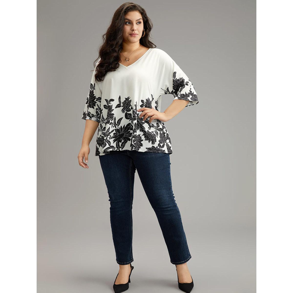 Plus Size White Boho Print V Neck Cut Out Blouse Women Elegant Elbow-length sleeve V-neck Dailywear Blouses BloomChic 28/5X Product Image