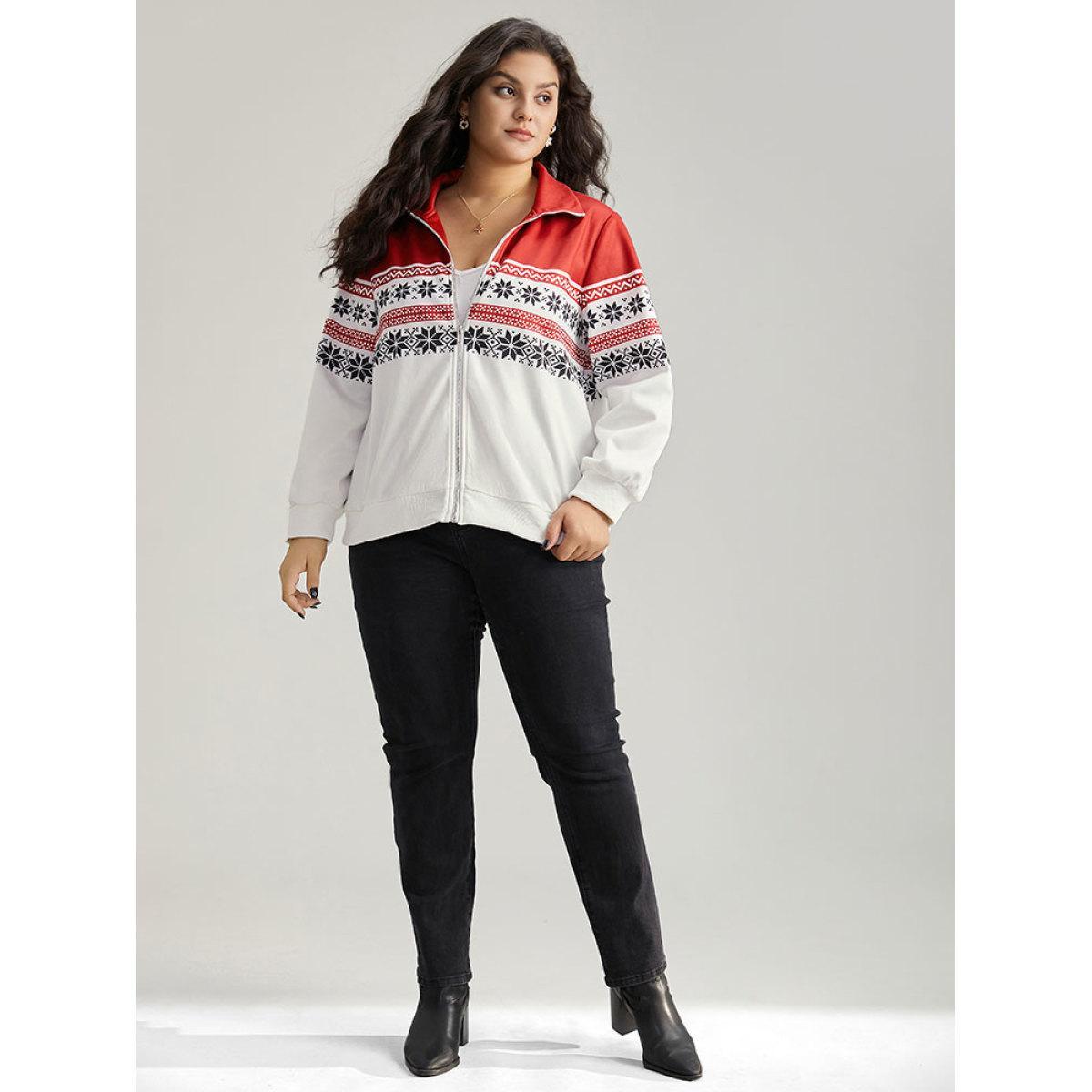 Plus Size Christmas Snowflake Zipper Contrast Jacket Women Red Contrast Dailywear Jackets BloomChic 10/M Product Image