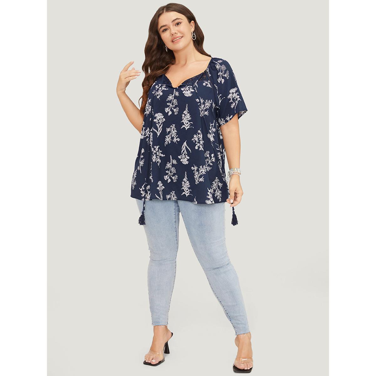 Plus Size Indigo Floral Tassels Tie Neck Contrast Lace Blouse Women Elegant Short sleeve Tie Neck Dailywear Blouses BloomChic 18-20/2X Product Image