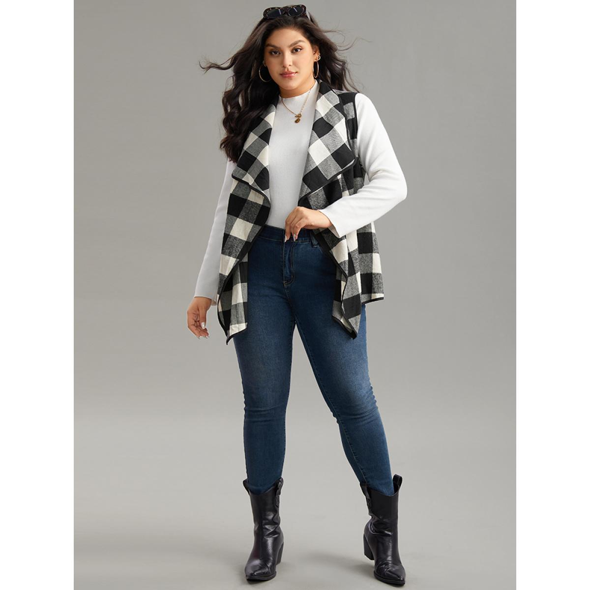 Plus Size Plaid Asymmetrical Hem Open Front Vest Women Black Casual Contrast Dailywear Kimonos BloomChic 26/4X Product Image